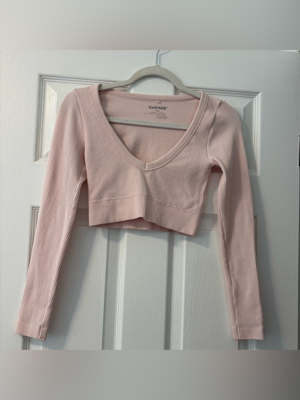 Garage Ribbed V-Neck Cropped Top Long Sleeve- Light Pink